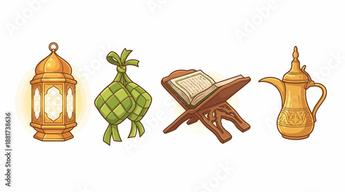 Ramadan vector illustration with lantern, ketupat, Quran, and Arabic coffee pot – Islamic cultural symbols for Eid, fasting, prayer, and celebration