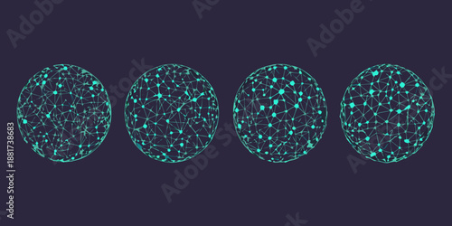 four teal glowing network spheres on dark blue background