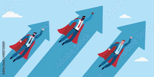 Three businessmen in superhero capes flying up on arrows