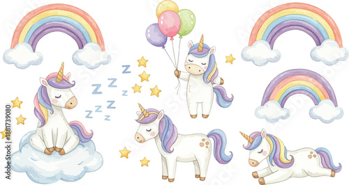Whimsical unicorns and rainbows with clouds and stars on white background
