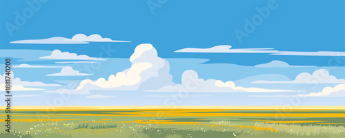 Beautiful landscape of fields and meadows with a stunning blue sky and clouds. Panoramic vector illustration of a landscape with beautiful steppe meadows and fields. Amazing nature.