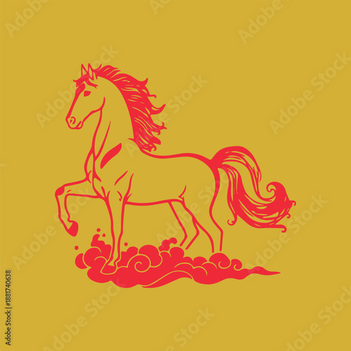Traditional Chinese New Year 2026 Year of the Horse vector illustration. Red and gold lunar new year horse silhouette with oriental clouds.