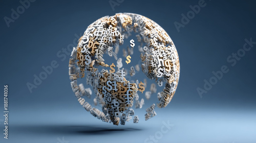 Currency weakness concept ,Abstract globe currency symbol finance global economy business digital floating modern concept