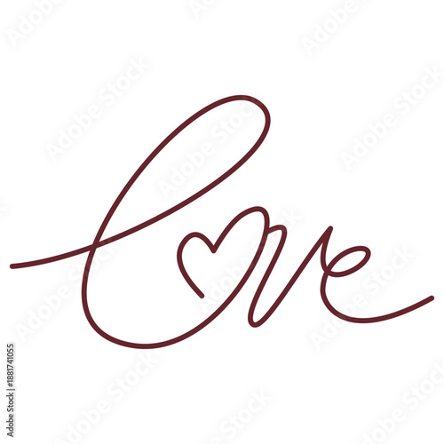 Handwritten continuous line word love where the letter O is a heart shape