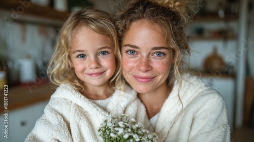 A mother and her young daughter smile warmly at the camera, both in cozy white attire, with the child holding a bouquet of flowers, capturing a moment of happiness.