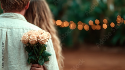 A couple shares a tender moment surrounded by soft bokeh lights, holding a bouquet of beautiful roses, evoking love, connection, and warmth in a serene atmosphere.