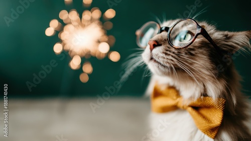 An adorable cat wearing stylish glasses and a bow tie gazes thoughtfully at sparkling lights, embodying charm and whimsy in a delightful and festive setting.
