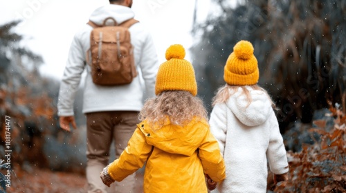 A father walks hand-in-hand with his two daughters through a picturesque autumn landscape, showcasing family love, togetherness, and the beauty of nature.