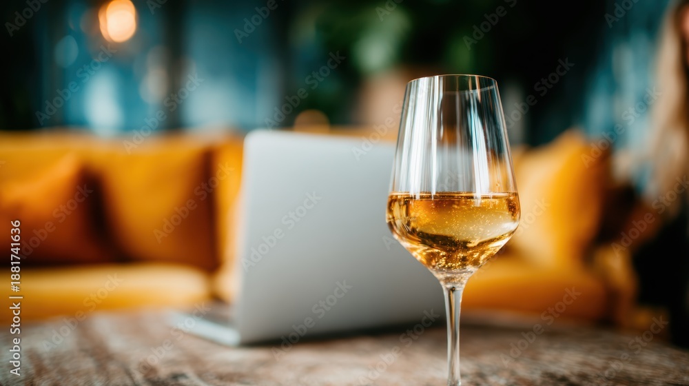 Obraz premium A close-up shot of a glass of sparkling wine on a well-lit table, evoking feelings of comfort and relaxation in a stylish, classy indoor environment.