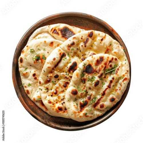 Indian food-style naan bread served on a wooden plate, flat lay view isolated