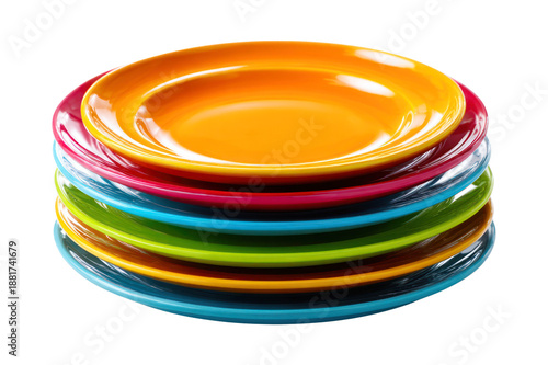 Brightly colored ceramic plates stacked in layers isolated