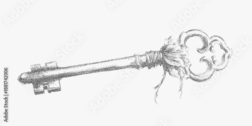 Vintage key illustration with stippled halftone texture, soft paper noise, subtle photocopy grit and worn surfaces evoking antique graphic charm.