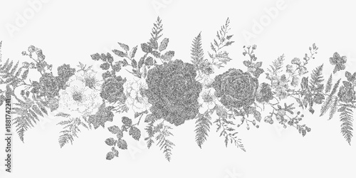 Floral border with symmetrical botanical lines, grainy shading, stippled texture, ornamental layout and soft vintage grit across the aged surface.