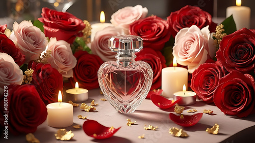 Luxurious heart shaped perfume bottle surrounded by roses and candles on elegant table Ai Generated