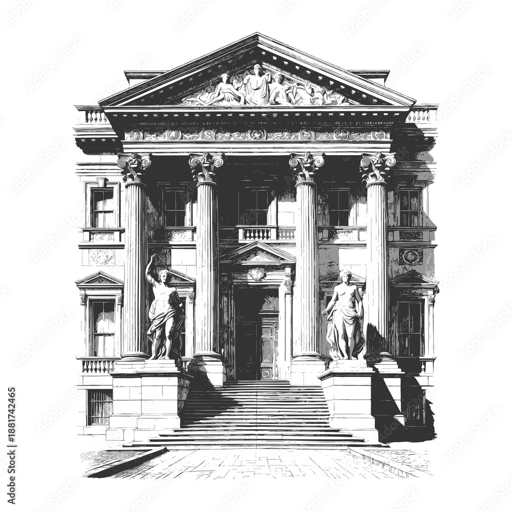 Naklejka premium grand neoclassical building with large columns, statues, and detailed pediment, symbolizing wealth and authority sketch engraving generative ai raster illustration. Scratch board. Black and white.
