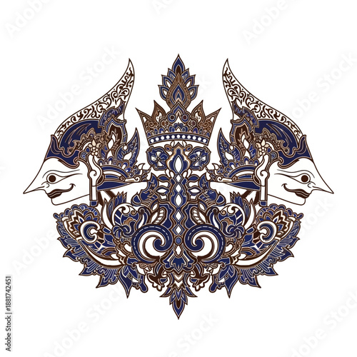 Regal cultural emblem featuring intricate traditional profiles, adorned with mystical decorative patterns, symbolizing ancient artistry and valuable heritage