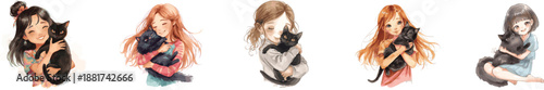 Watercolor set girl holding black cat in arms. Isolated on white background