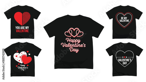 Collection of black valentine s day themed t shirts with various heart and romantic message designs displayed