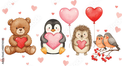 Heart holding animals on valentine s day with love symbols surrounding them