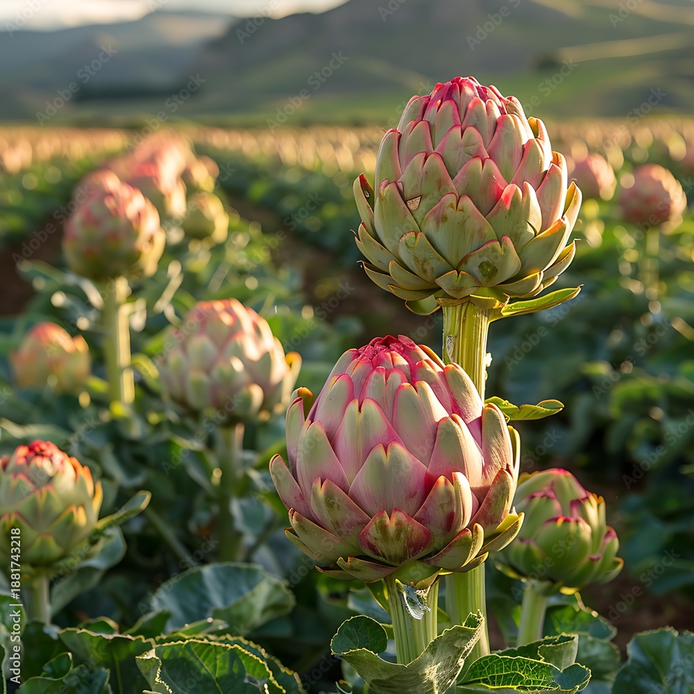Obraz premium Fresh organic purple artichokes and blooming lotus flowers grow in a lush garden, showcasing raw healthy vegetables and nature's floral beauty in a macro closeup