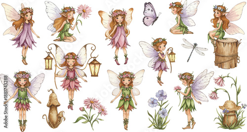 Whimsical illustration of multiple fairies in various poses with flowers and lanterns in a garden setting
