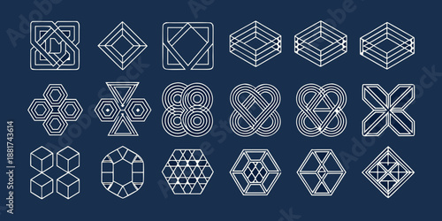 Collection of intricate white geometric shapes on a dark blue background