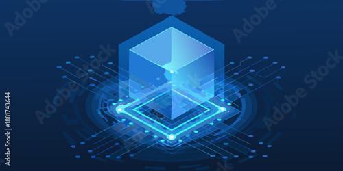 a blue glowing cube and square on a circuit board