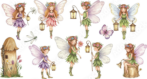 Whimsical illustration of fairies in various poses with lanterns and flowers