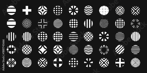 Collection of various white geometric patterns on a black background