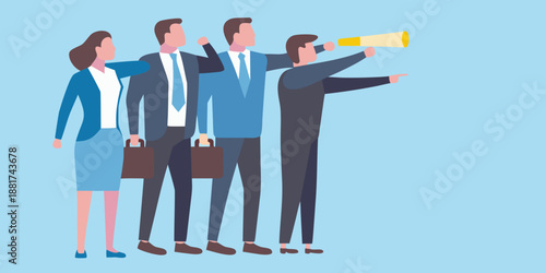 Business people looking ahead with one using a megaphone