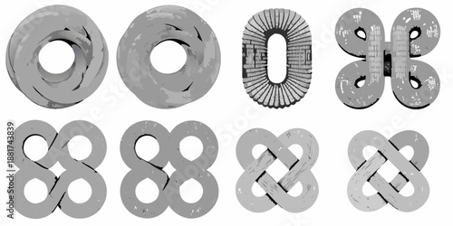 collection of various torus and linked ring shapes in different configurations