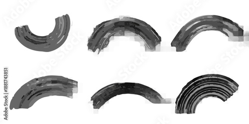 six grey and black brush strokes on a black background