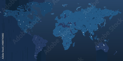 a blue map of the world with many white dots