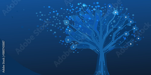 a blue tree with glowing orbs on its branches in the dark
