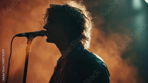 Silhouette of a male singer performing a song live on stage during a concert with smoke and lights