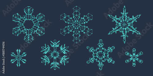 a collection of intricate snowflakes on a dark blue background