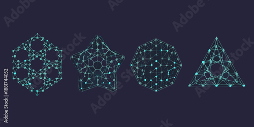 four geometric shapes made of connected dots and lines