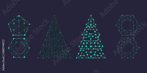 a set of four geometric shapes made of lines and dots