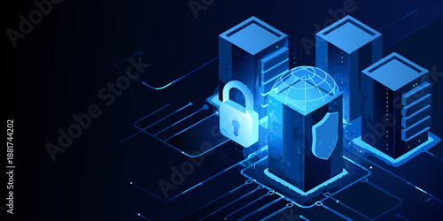 cyber security concept with lock and servers in blue tones