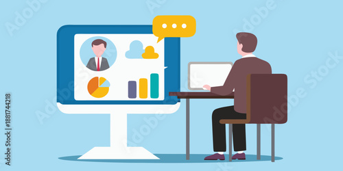 Man participating in a virtual meeting or video conference on a laptop