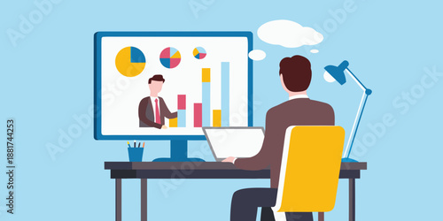 man sitting at desk working on laptop with computer monitor displaying graphs and charts