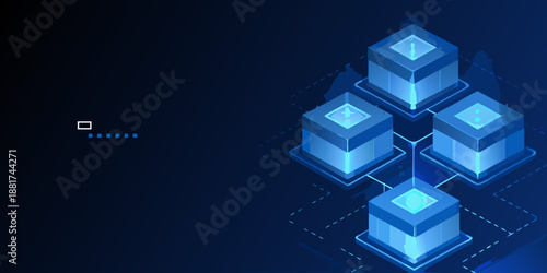 Abstract representation of interconnected data blocks and network infrastructure