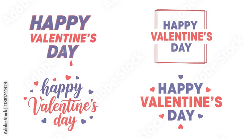 Colorful happy valentine s day typography designs with multiple variations and heart accents presented in a clean minimalist