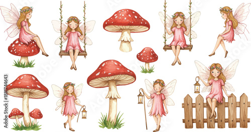Whimsical illustration of girls playing among giant mushrooms and a wooden fence in a fantasy setting