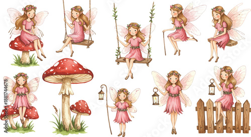 Whimsical illustrations of a girl in a pink dress in a garden setting with mushrooms and flowers