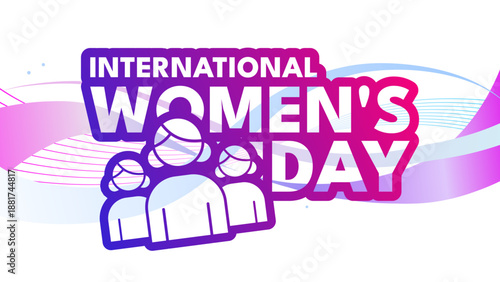 International women's day banner with female avatars and abstract purple waves