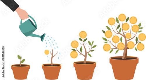 Cartoon investment growth stages icon set with sprout, watering, coin plant, financial bloom, and money tree concept.
