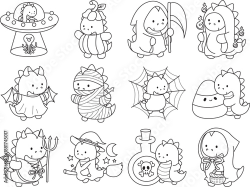 Coloring book of cute Dinosaur character with halloween party theme . Outline of Dinosaur 