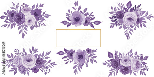 Purple floral bouquet arrangements with blank rectangle in the middle for text or logo