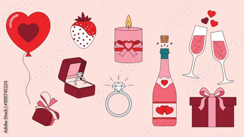 A delightful collection of romantic symbols including hearts gifts champagne and jewelry for love celebrations